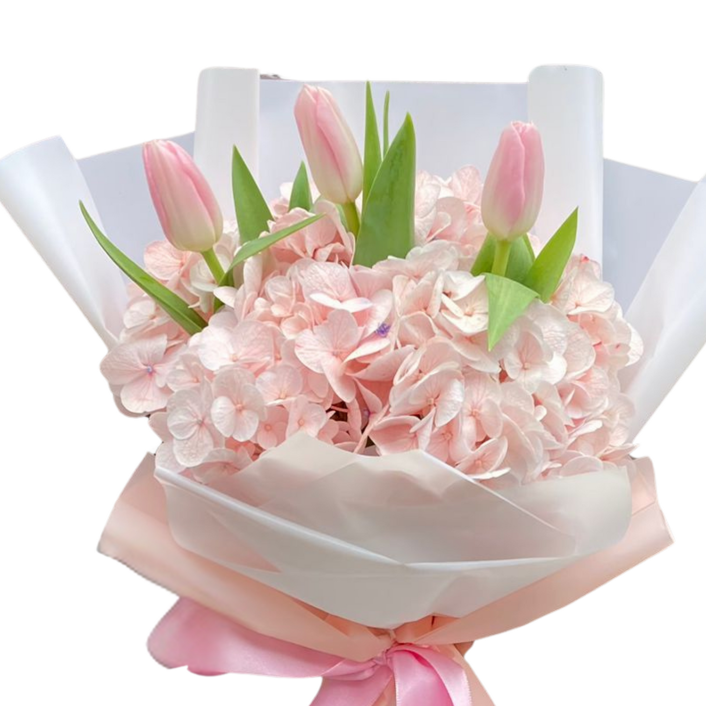 Ramo Emi - Hortensia y tulipanes rosados