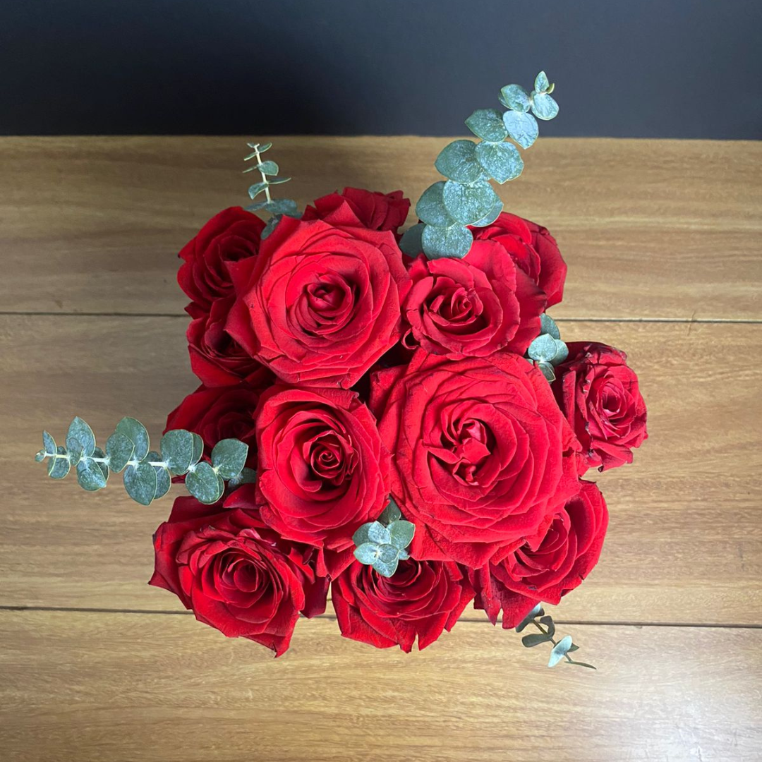 box de 10 a 12 rosas rojas con siver dollar