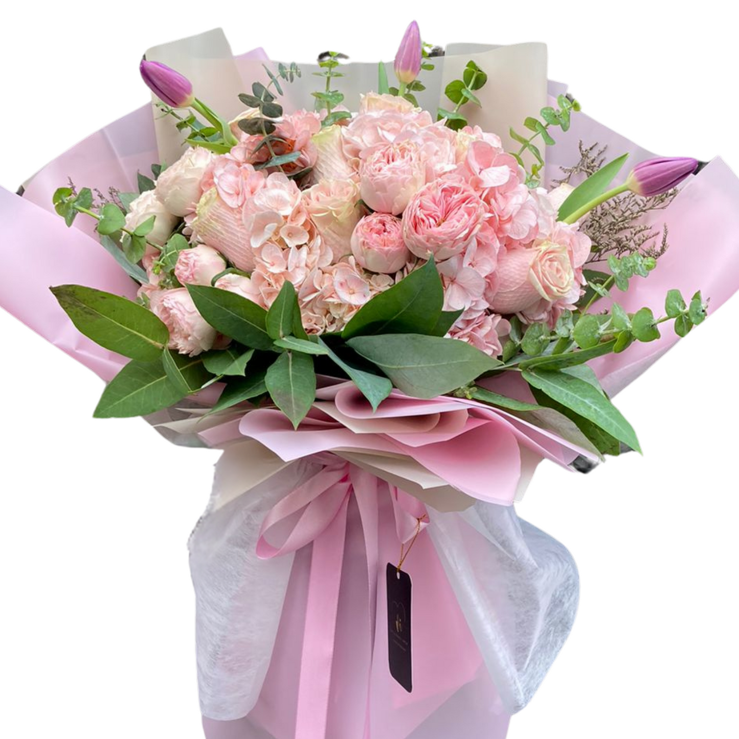 Ramo Leonor - Ramo rosado - hortensia - rosas inglesas - tulipanes