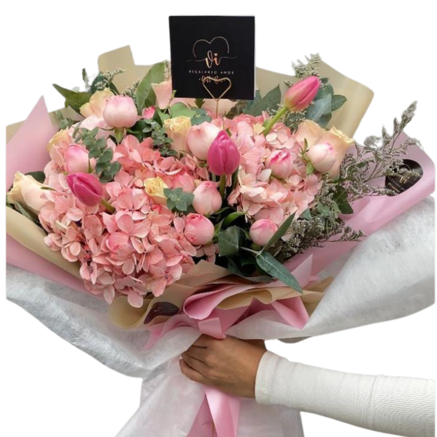 Ramo Leonor - Ramo rosado - hortensia - rosas inglesas - tulipanes