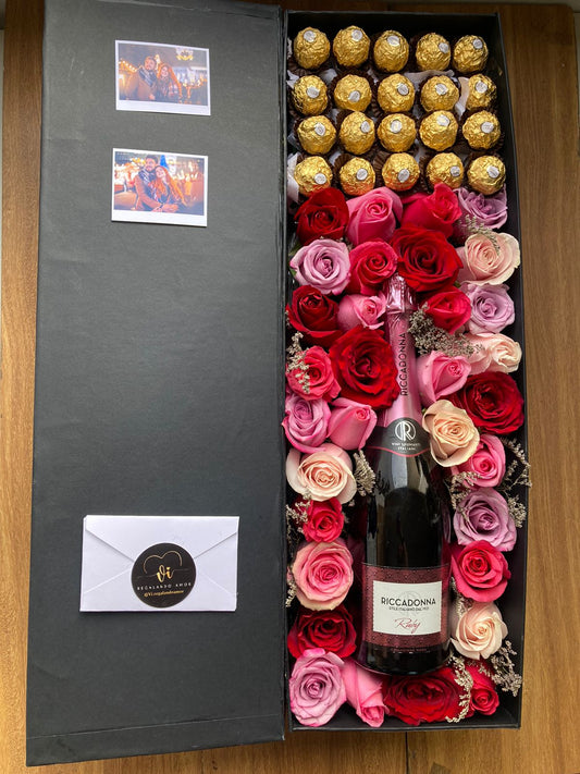 caja grande de flores con ferrero y champan
