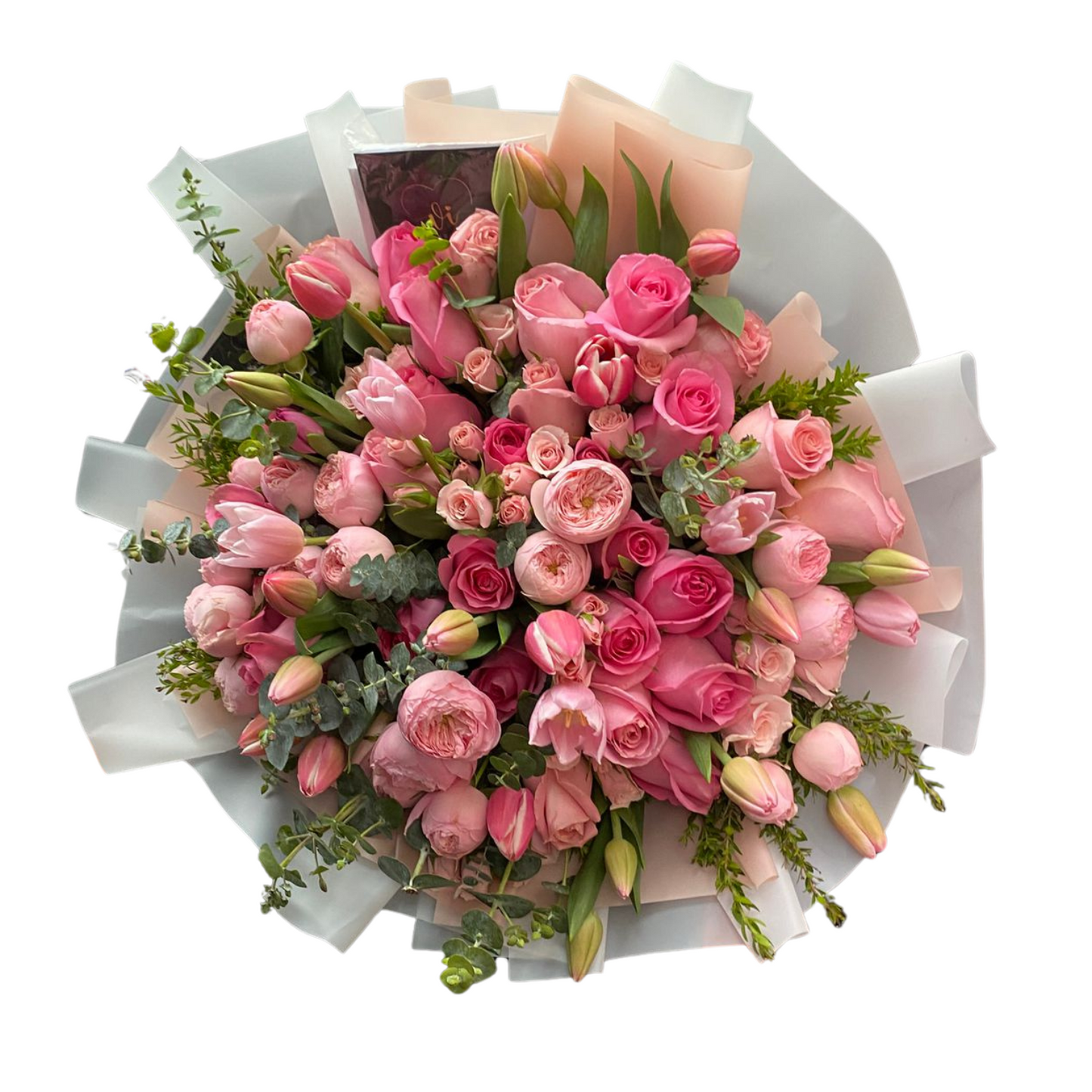 Ramo Eloise – Bouquet premium de tulipanes, rosas y mini rosas