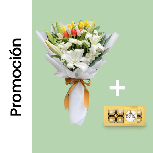 Ramo Imperial de Tulipanes + Ferrero Rocher (8 unidades)