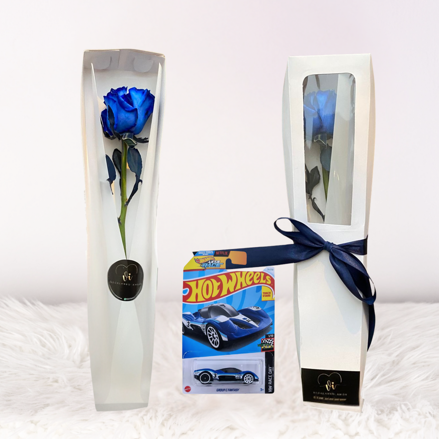 caja de 1 rosa azul + carrito hotweels