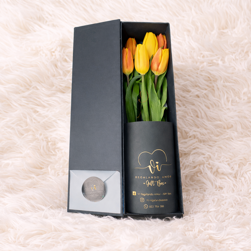 Box luxury tulipanes amarillos y naranjas