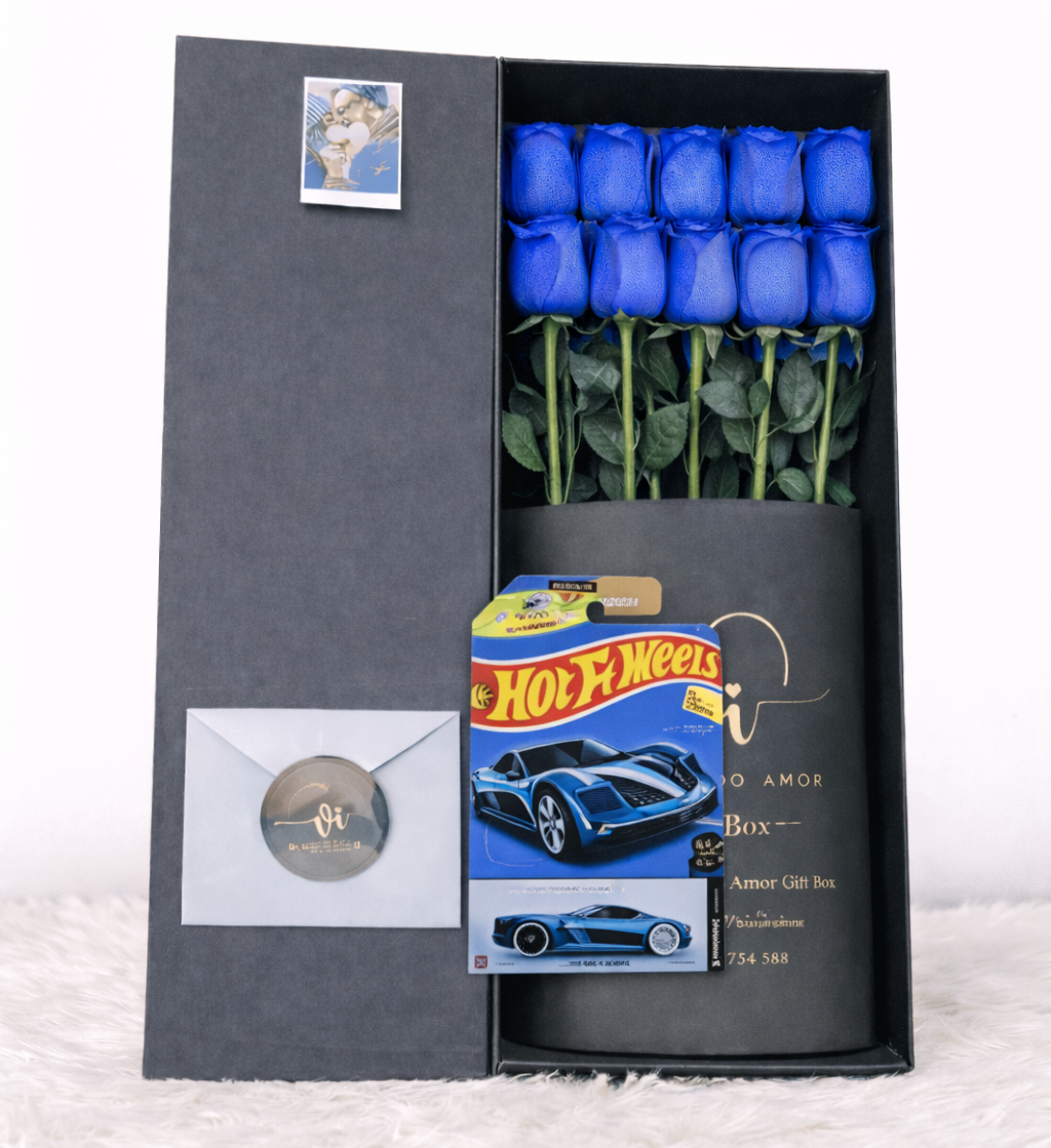 Box Imperial 10 Rosas Azules + Carrito Hot Wheels