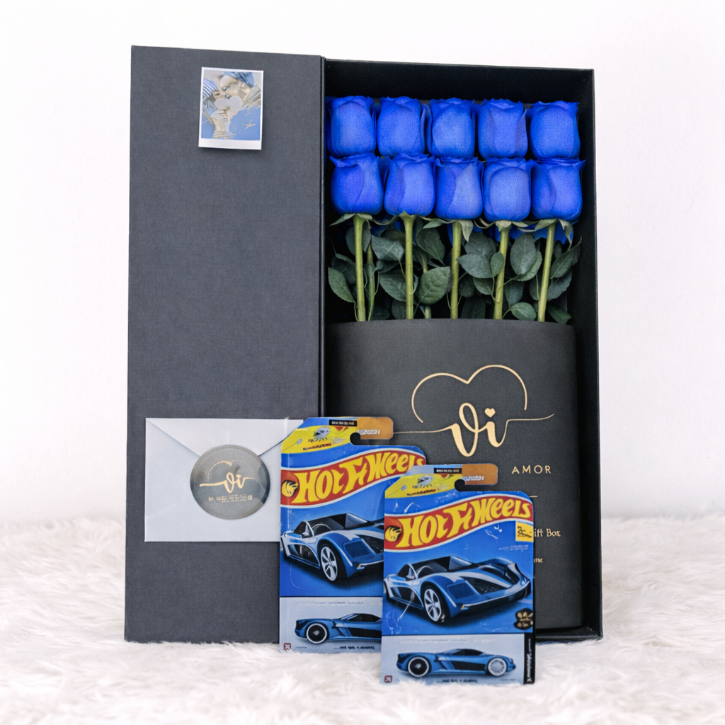 Box Imperial 10 Rosas Azules + Carrito Hot Wheels