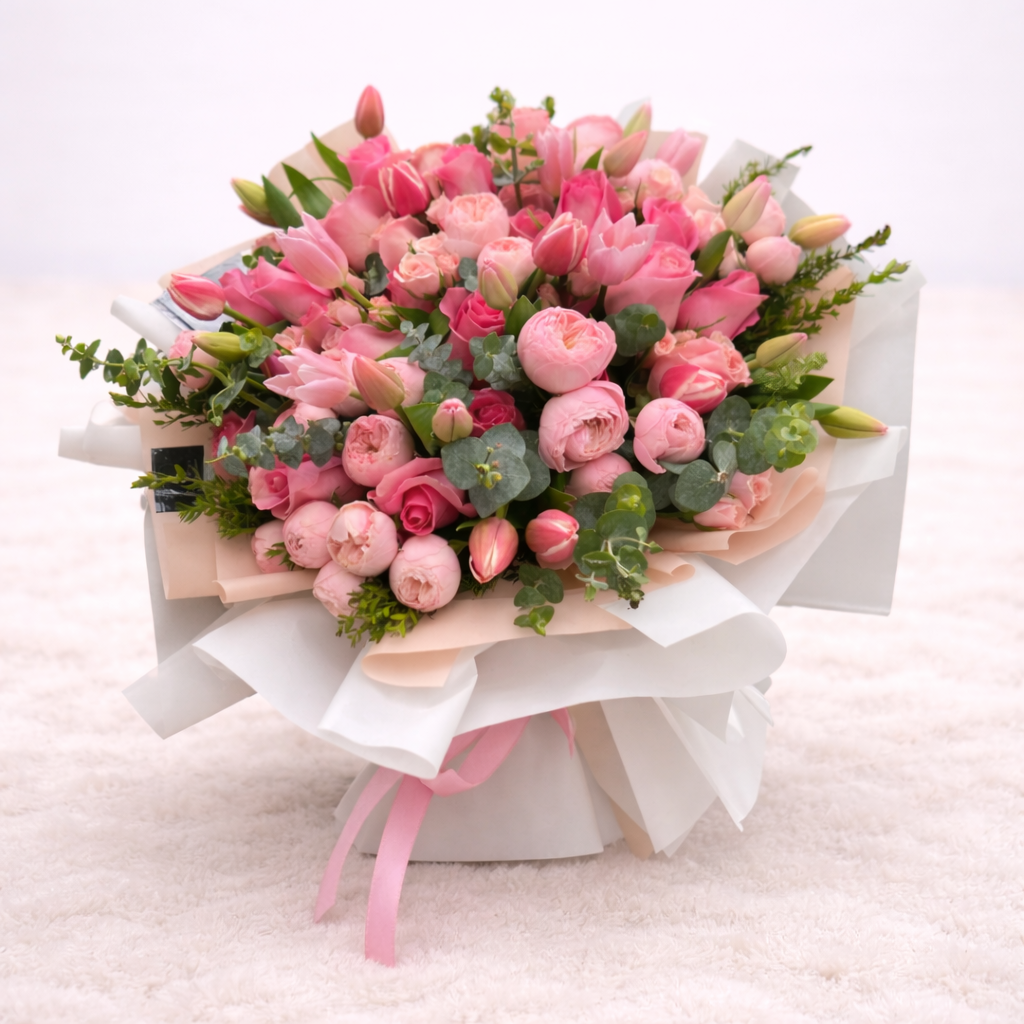 Ramo Eloise – Bouquet premium de tulipanes, rosas y mini rosas