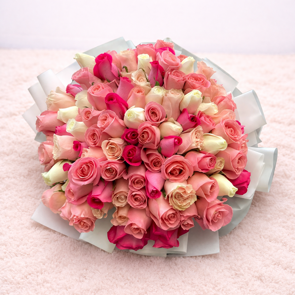 Ramo de 100 rosas rosadas, blancas y fucsias