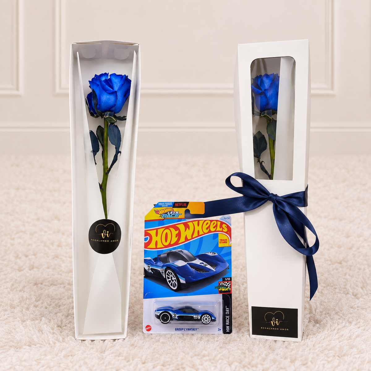 caja de 1 rosa azul + carrito hotweels