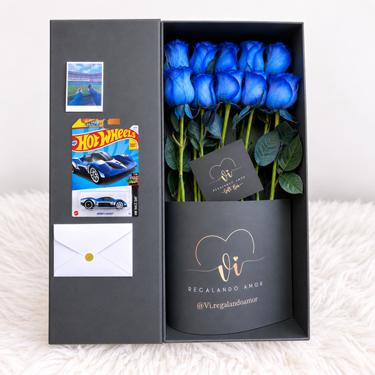 Box Imperial 10 Rosas Azules + Carrito Hot Wheels