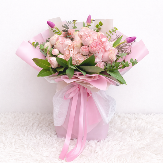 Ramo Leonor - Ramo rosado - hortensia - rosas inglesas - tulipanes