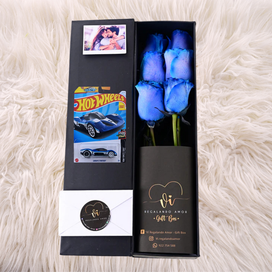 Box Luxury Rosas Azules + Carrito Hot Wheels