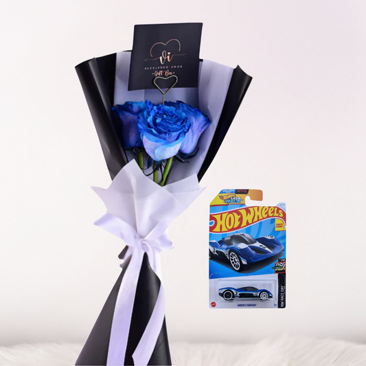 Mini Ramo de 3 Rosas Azules + Carrito Hot Wheels