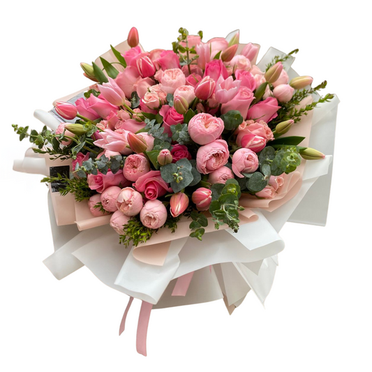 Ramo Eloise – Bouquet premium de tulipanes, rosas y mini rosas