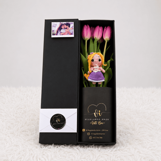 Box Luxury Tulipanes Tonalidades Rosadas + Rapunzel